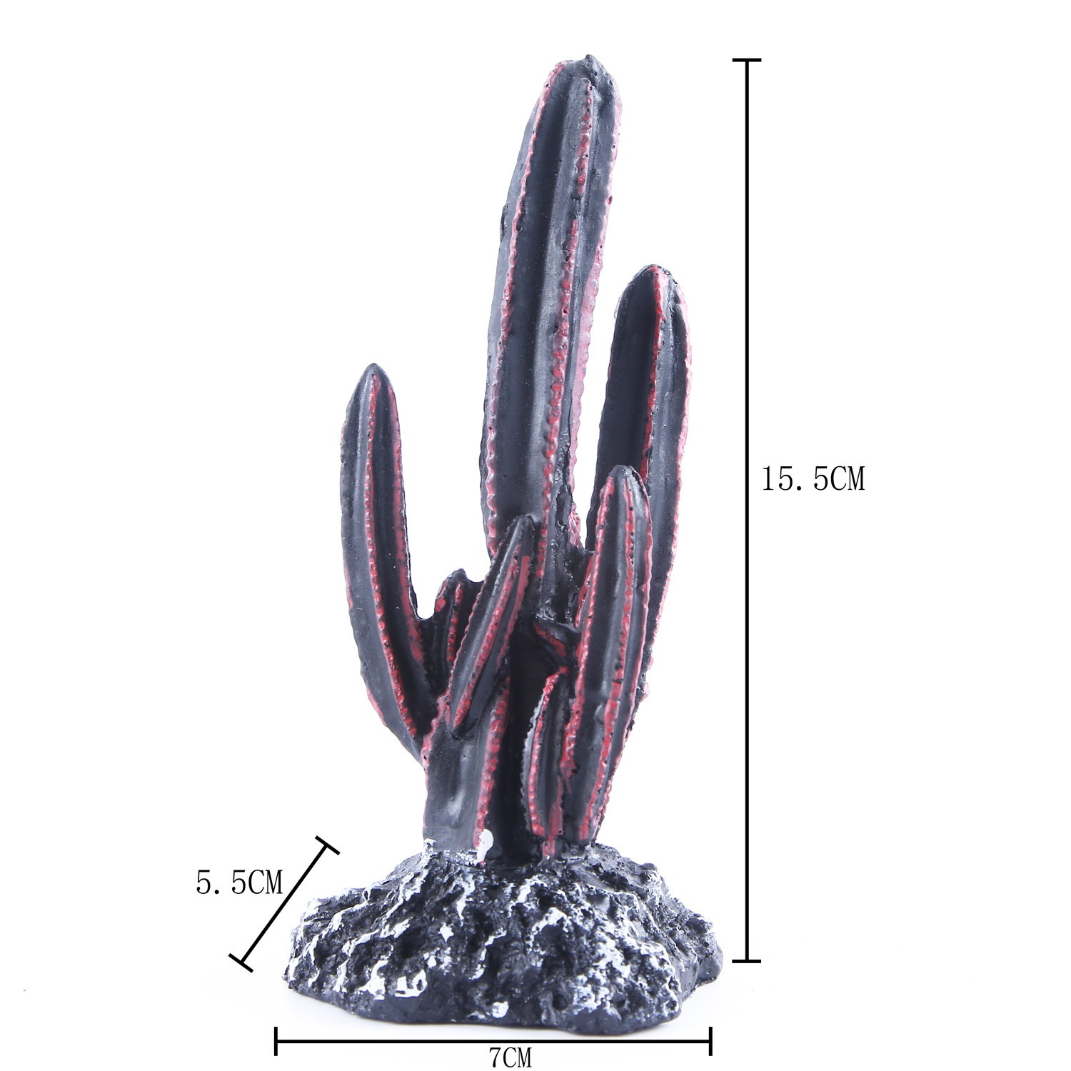 Charcoal resin cactus ornament with painted red ridges on a rock base