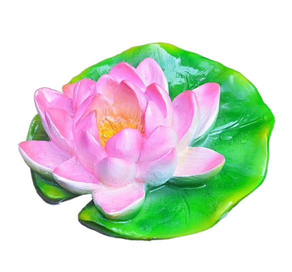 Pink resin lotus with layered petals on a green lily pad