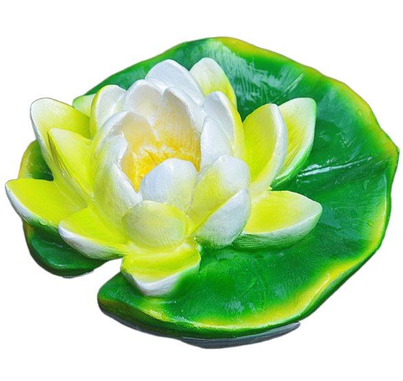 Cream and lime resin lotus flower floating on a green pad