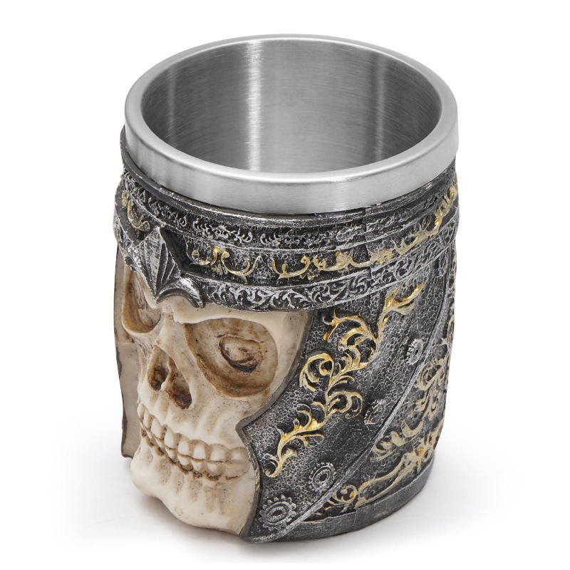 Skull resin tankard photographed as a styling detail