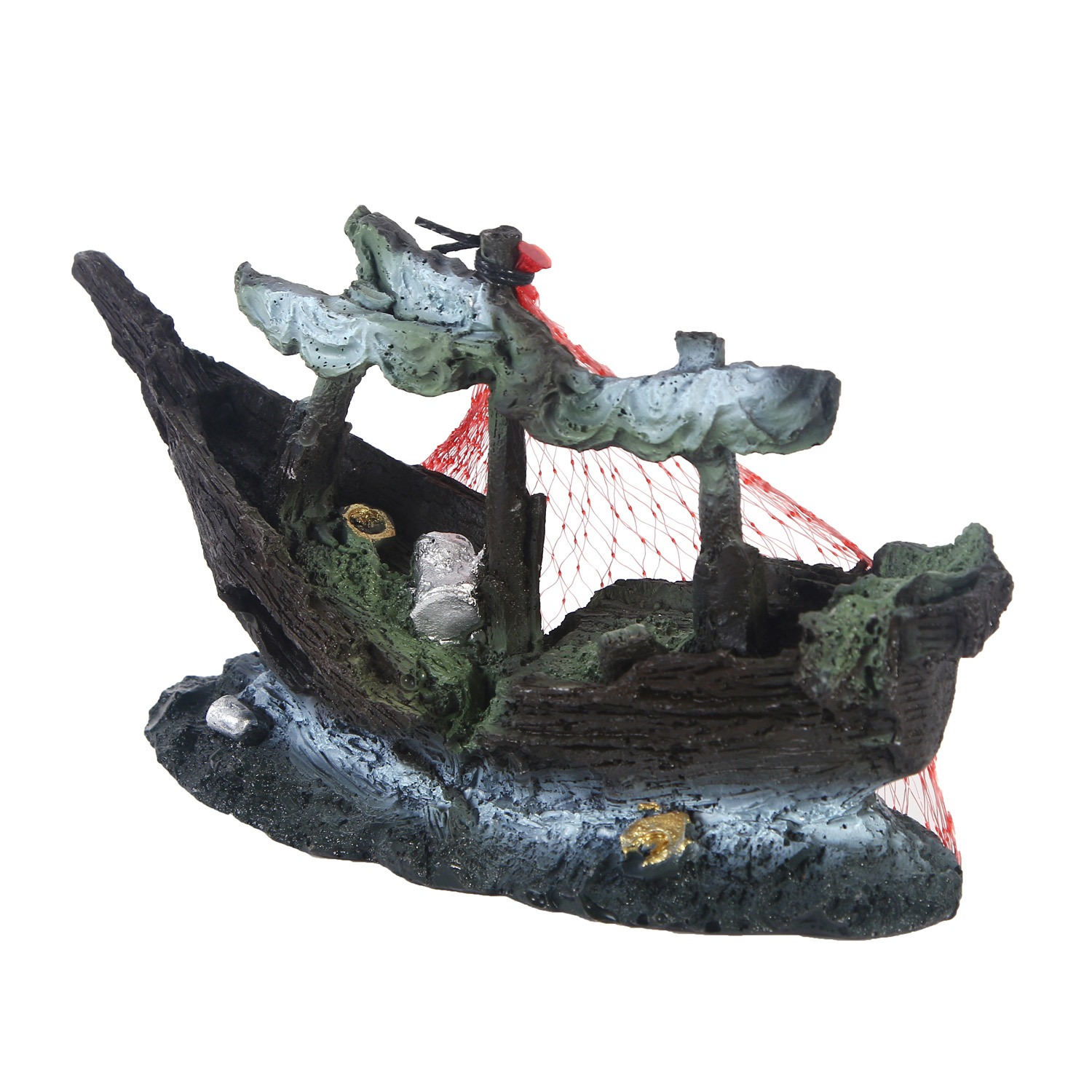 Sunken shipwreck ornament in a finished aquarium with fish nearby