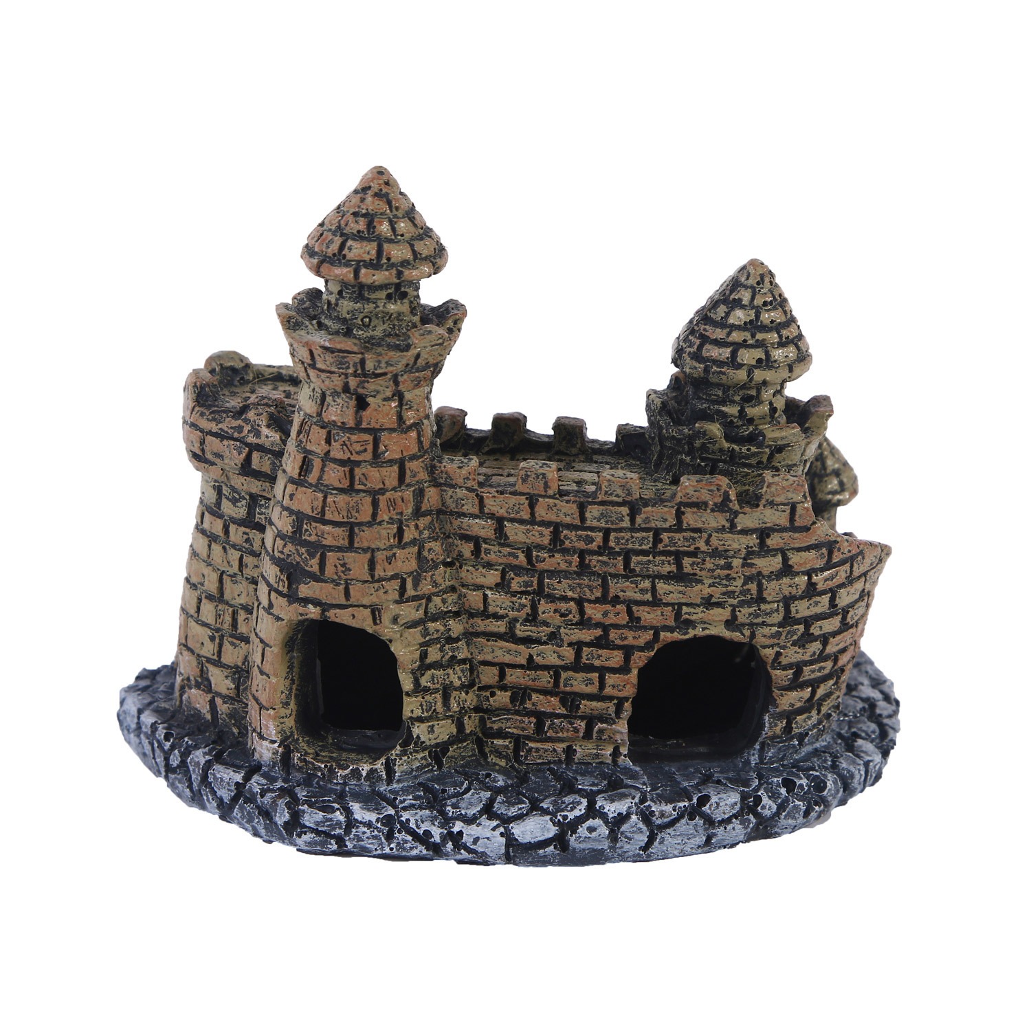 Side view of castle ornament showing open cave entrances on grey rocky base