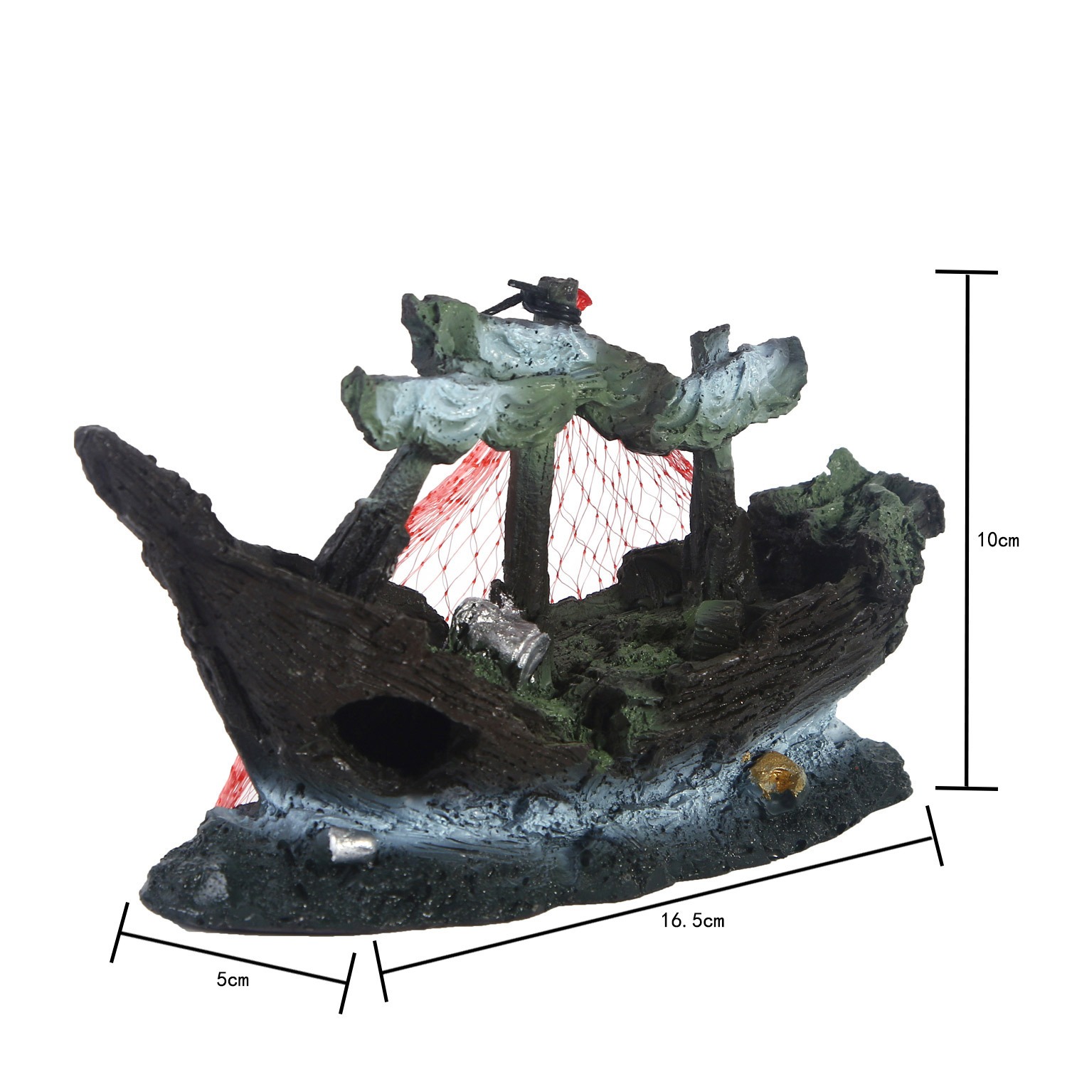 Resin shipwreck ornament with open hull resting on aquarium sand