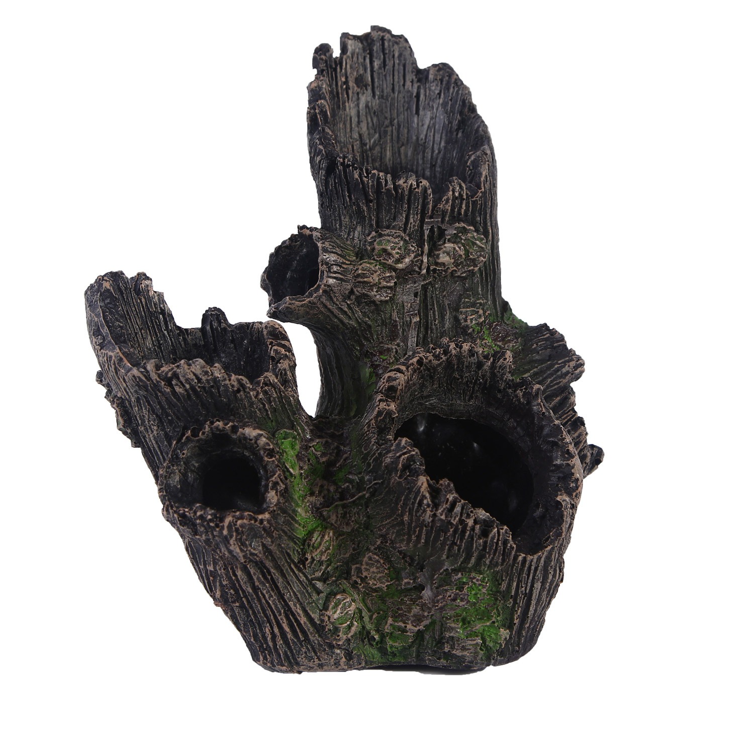 Weathered resin tree stump with caves and moss accents
