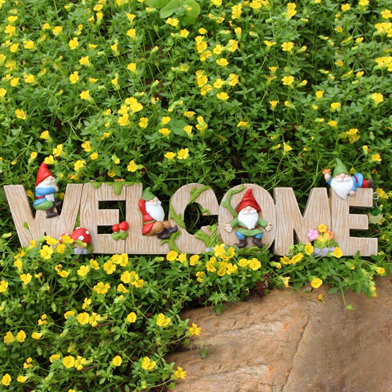Gnome welcome sign product photo for a bare porch entry