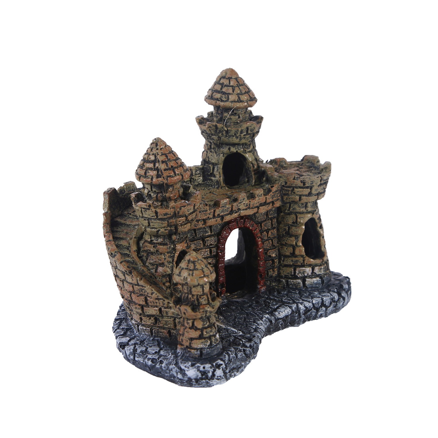 Castle aquarium ornament shown from the base with its rocky grey foot