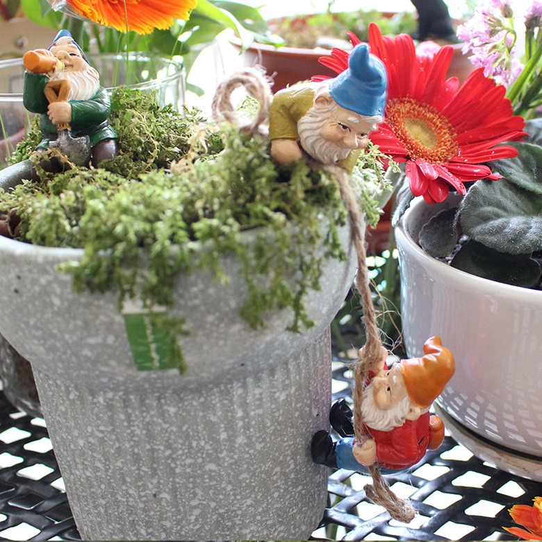 Gnomes perched on a white pot filled with moss beside a red flower