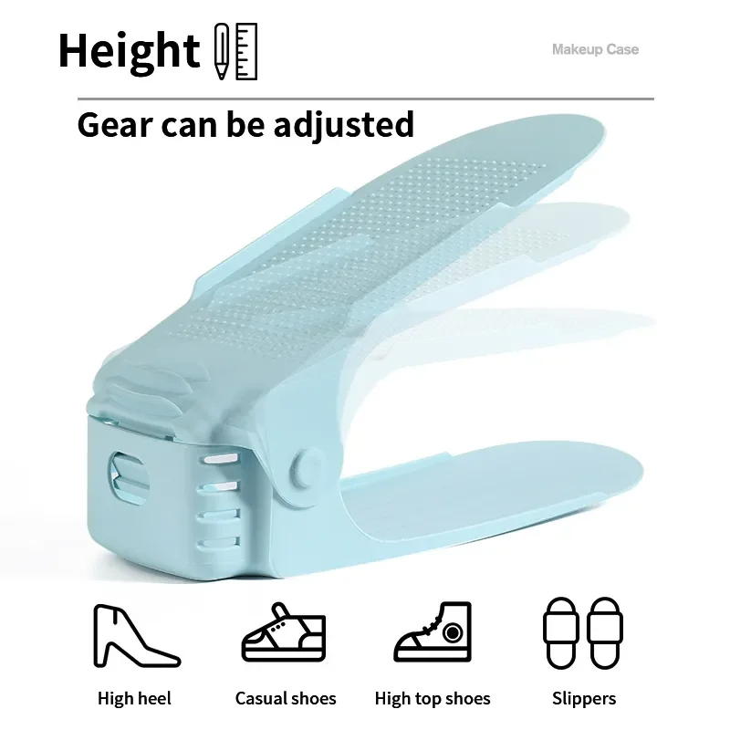 Sky blue shoe rack raised in three height steps for heels, sneakers and boots