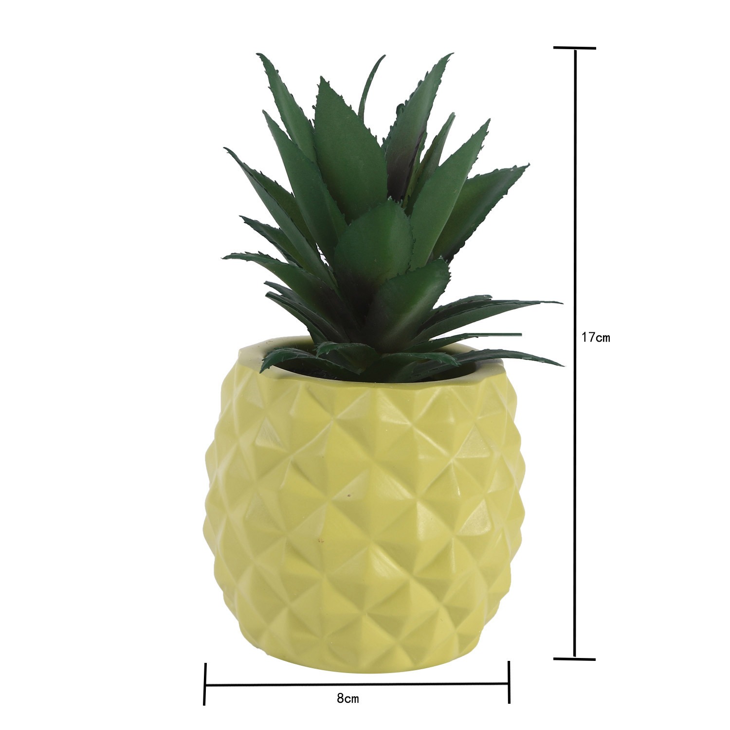 Close view of matte yellow pineapple planter with raised diamond texture