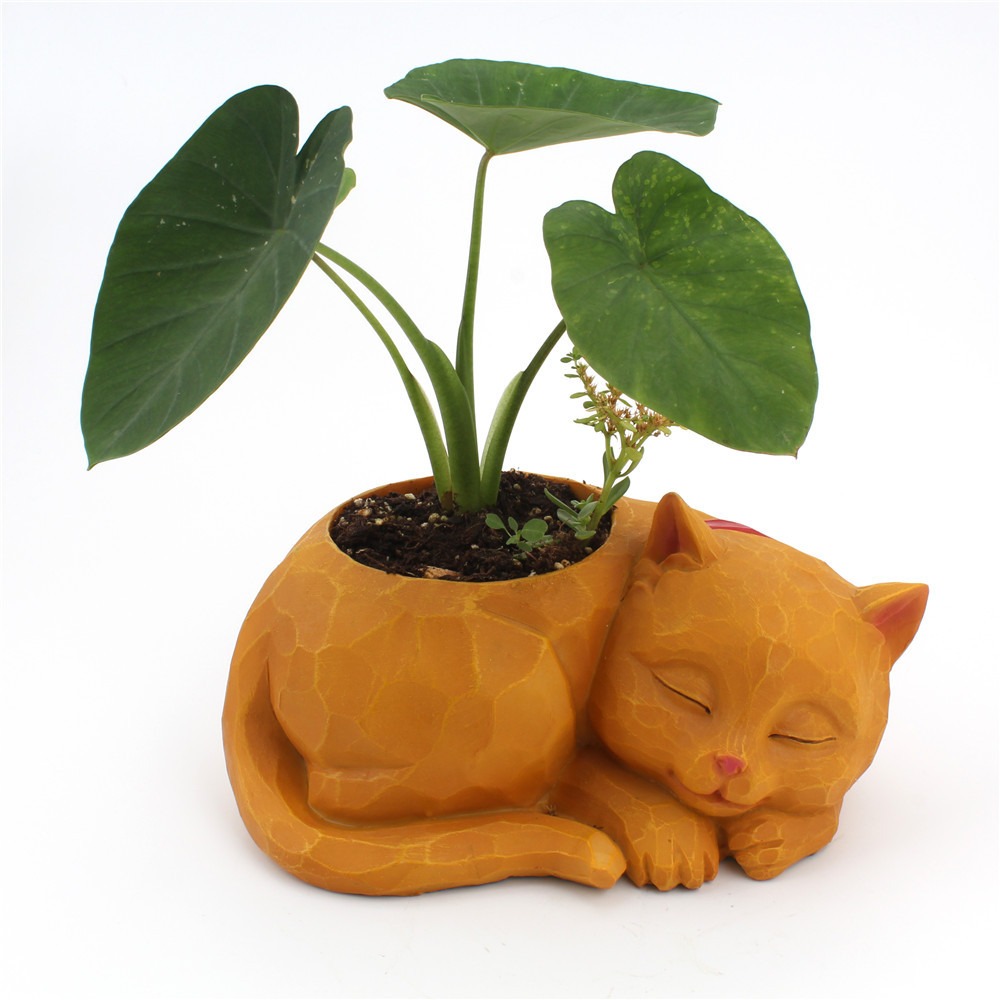 Sleeping cat planter styled on a shelf in a bright room