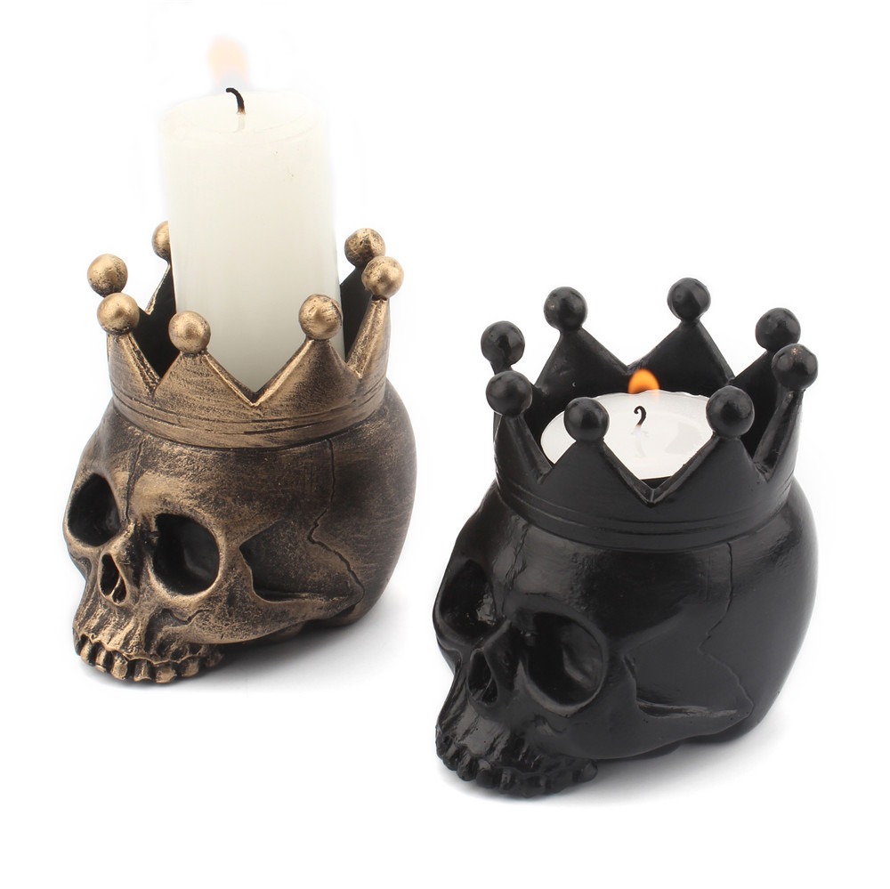 Antique bronze and matte black skull candle holder colour options