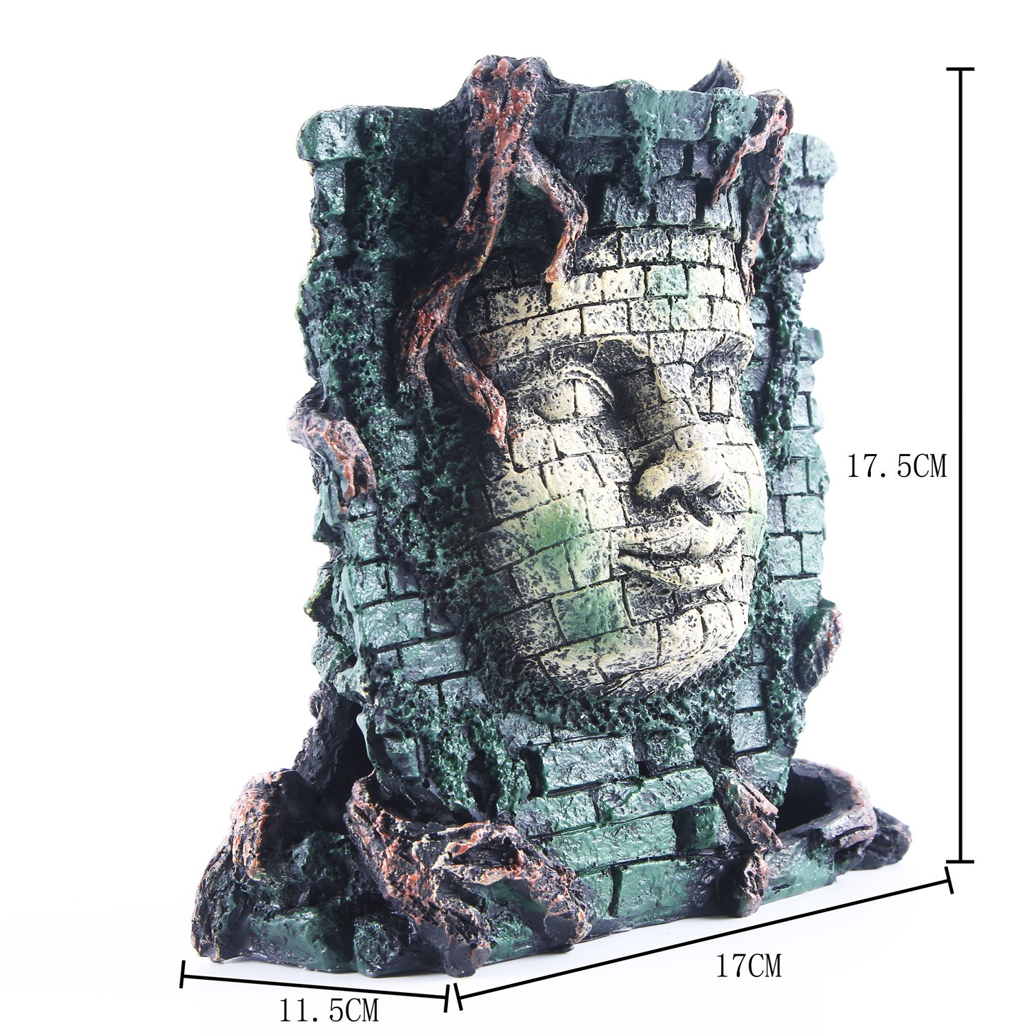 Sunken stone temple ornament placed among tank decor with a side entrance