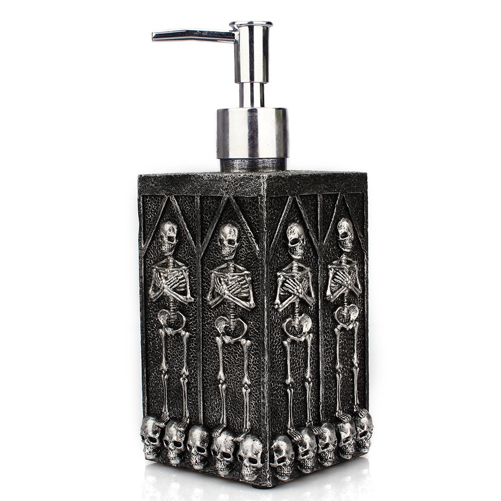 Charcoal skeleton dispenser with chrome pump standing on a bathroom counter