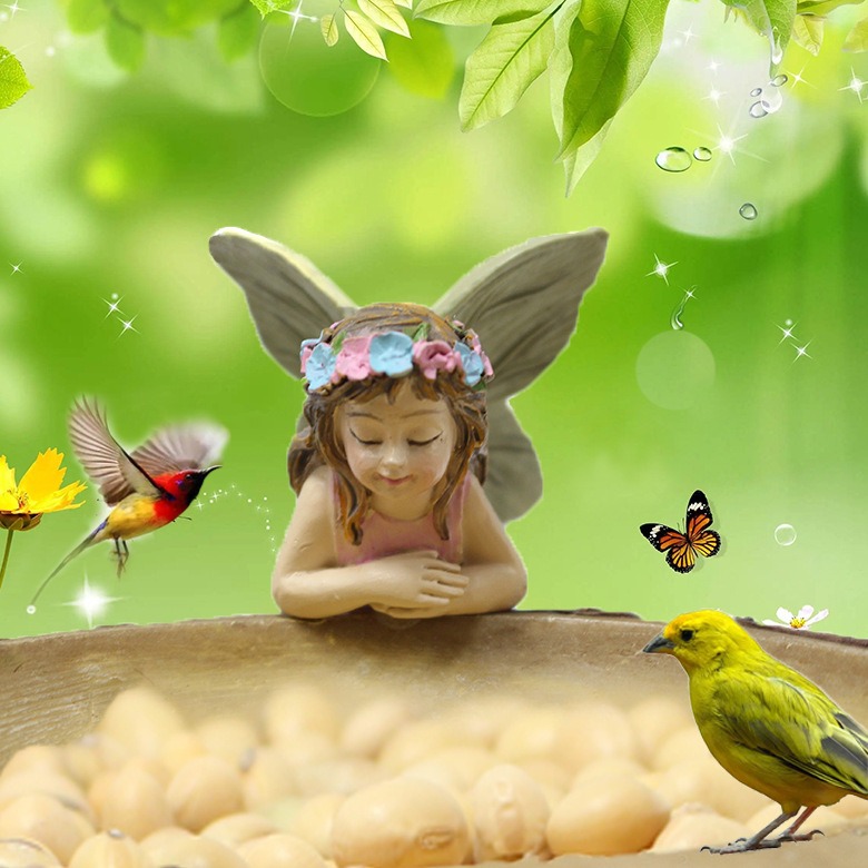 Garden corner with greenery and a fairy figure resting on a bowl edge
