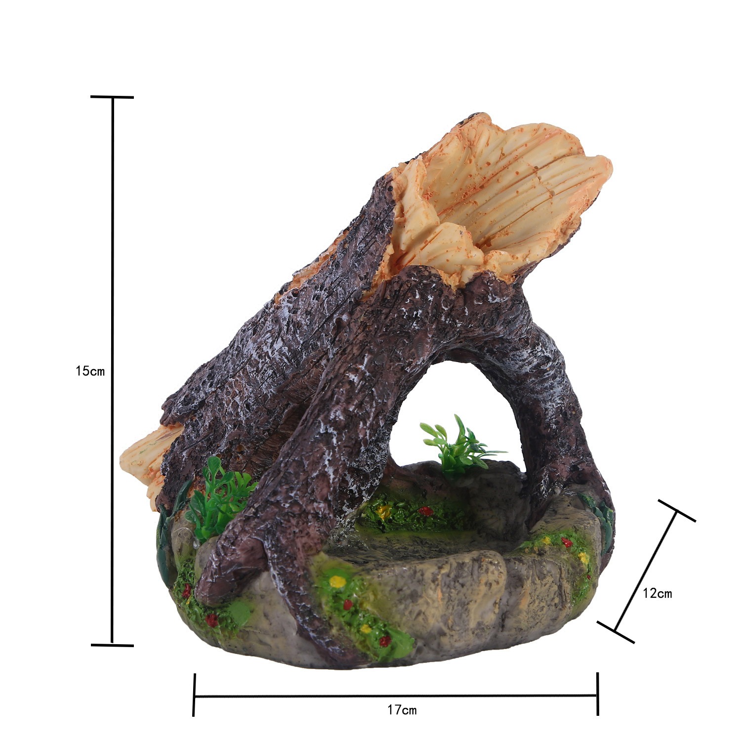 Front view of log cave with dimension lines for width depth and height