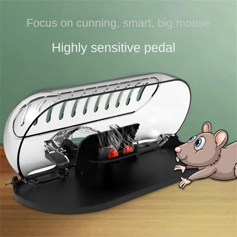 Mouse trap on a wooden surface with a mouse approaching the entrance