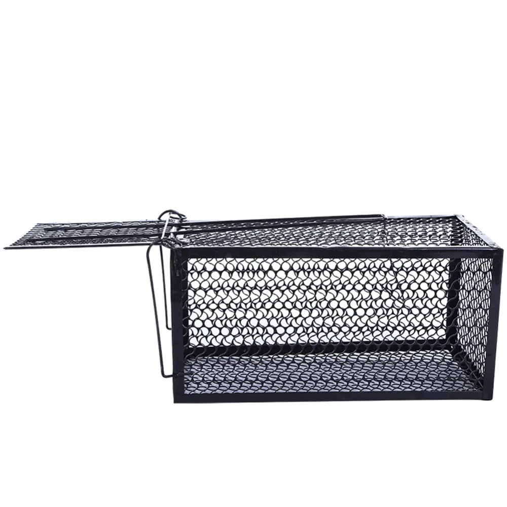 Side profile of black wire cage with entry flap extended to the left