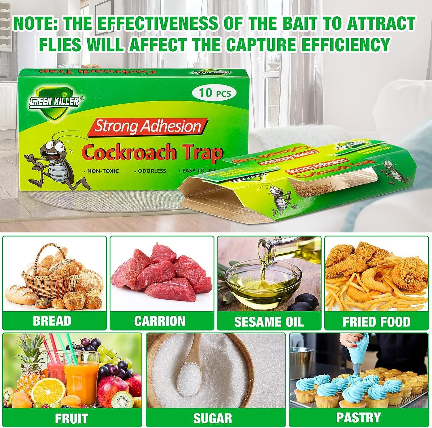 Bait guide showing bread, sesame oil, fruit and sugar as roach attractants