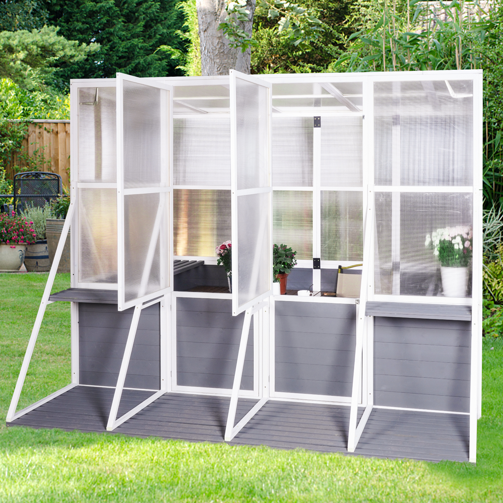 Walk-in greenhouse interior with potted plants standing on shelves