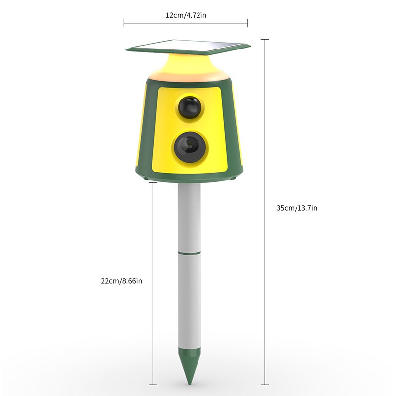 Repeller on ground stake with dimension lines showing height and stake length