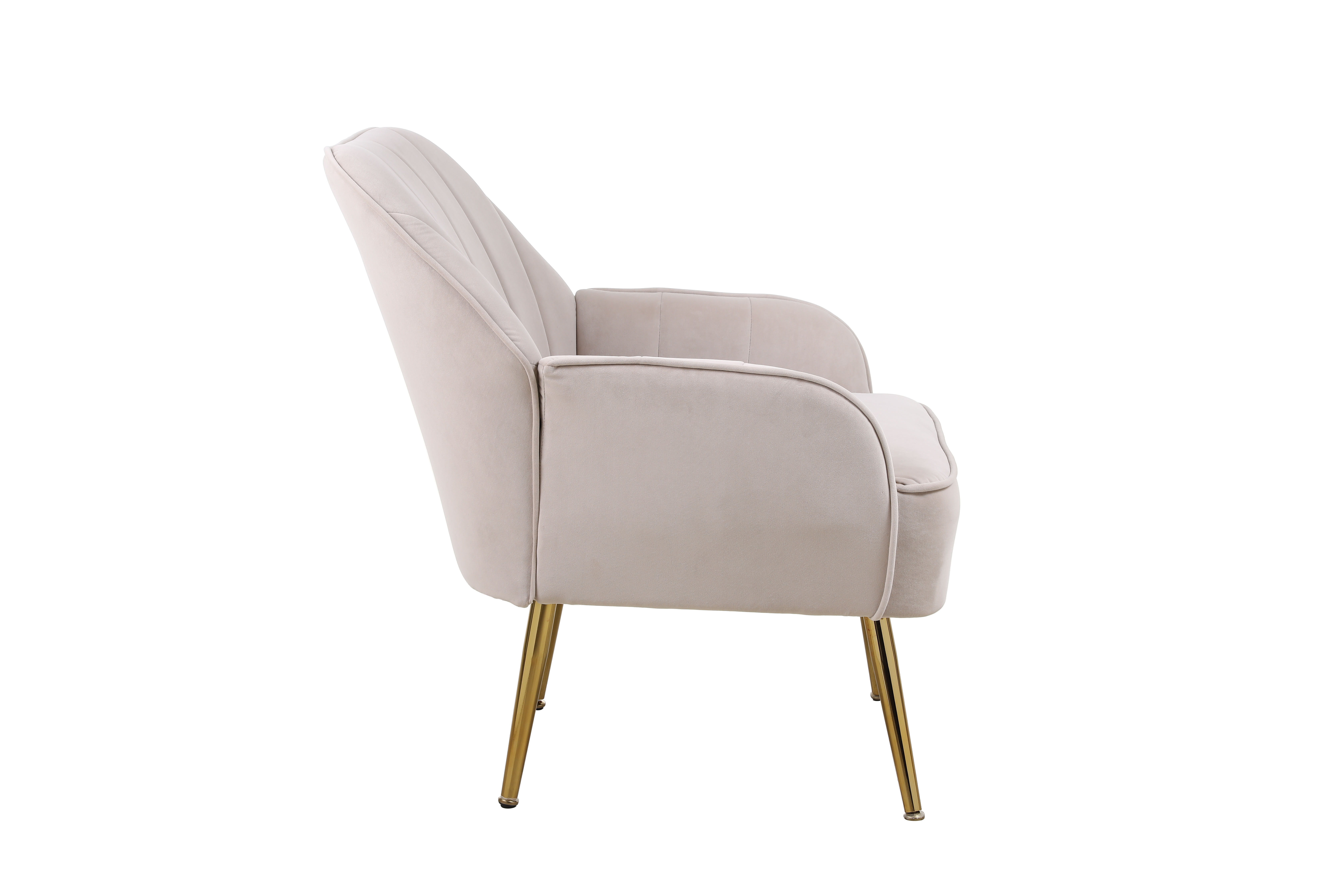 Side profile of velvet armchair showing sloped back and padded armrest