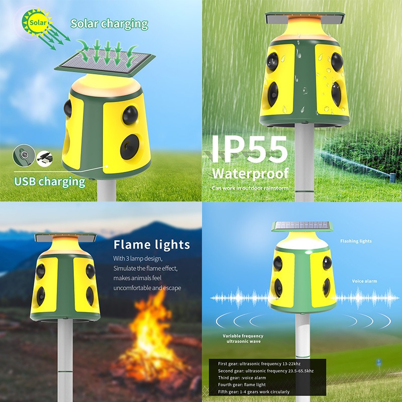 Repeller unit with lamp and solar panel shown in four-panel feature collage