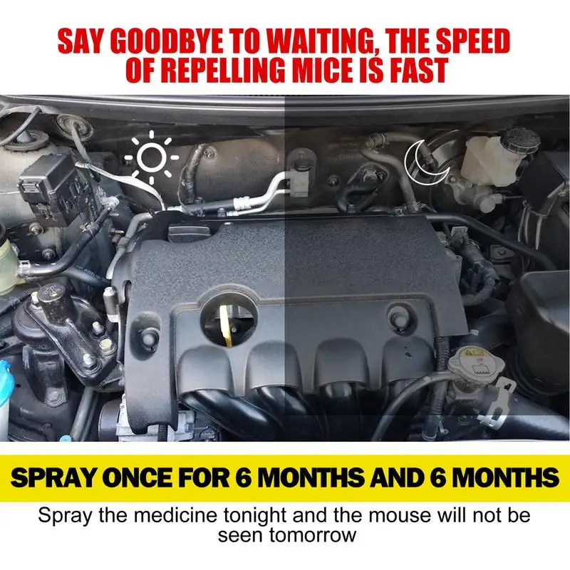 Engine bay of a car with rodent repellent spray applied