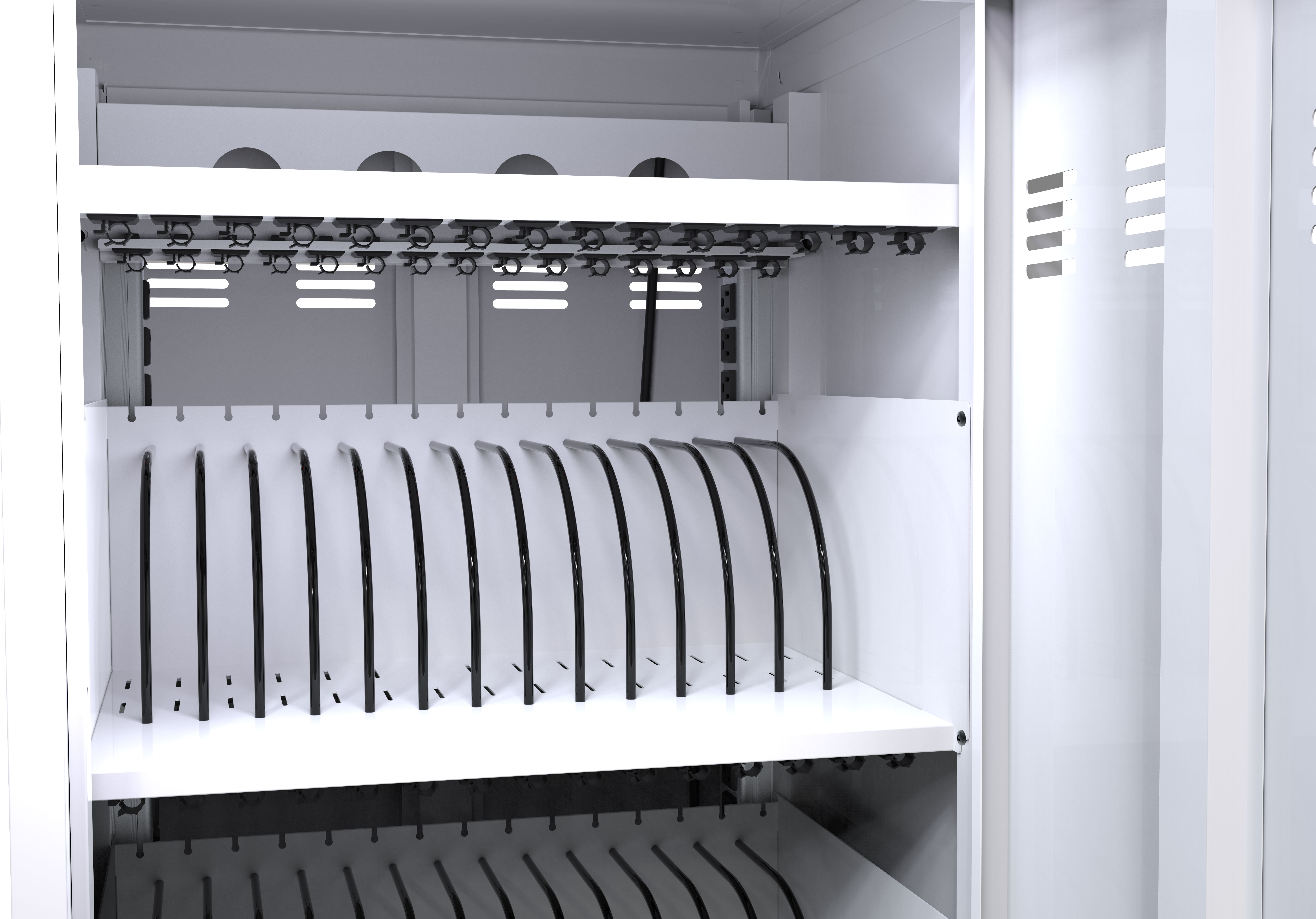 Open cabinet with slotted dividers and charging cables