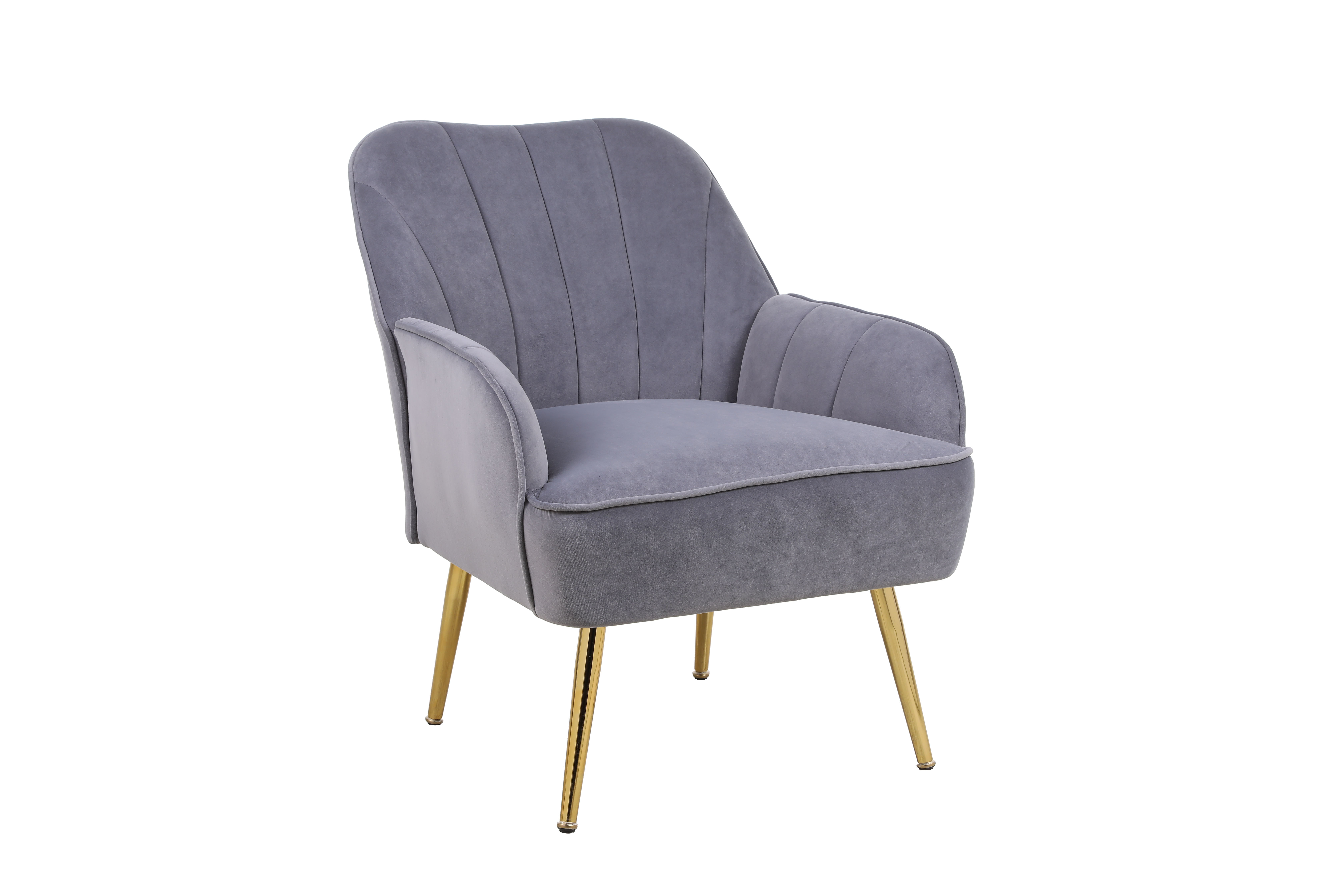Grey velvet armchair placed in a room corner