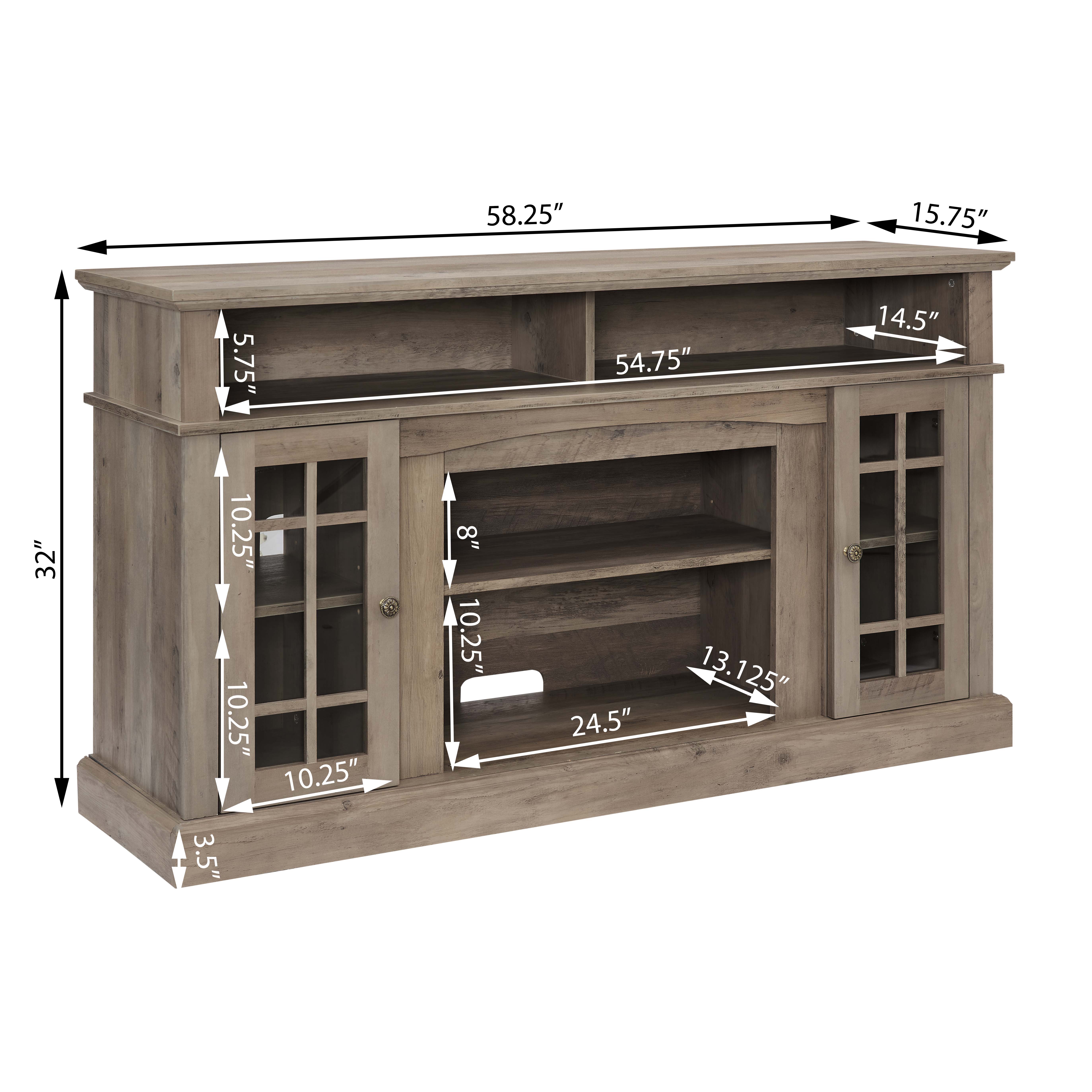 Dimension diagram of grey-oak TV stand with interior measurements