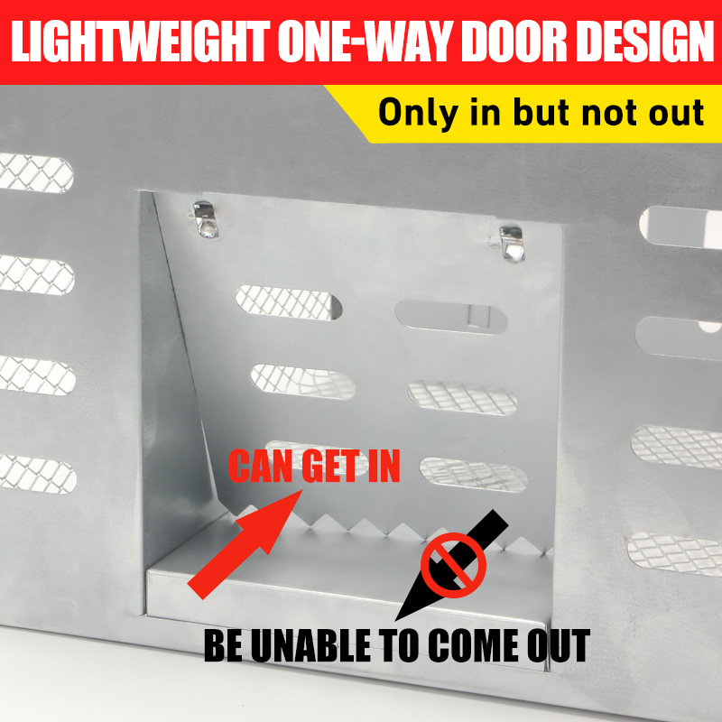 Close-up of the angled metal one-way flap on the cage entrance