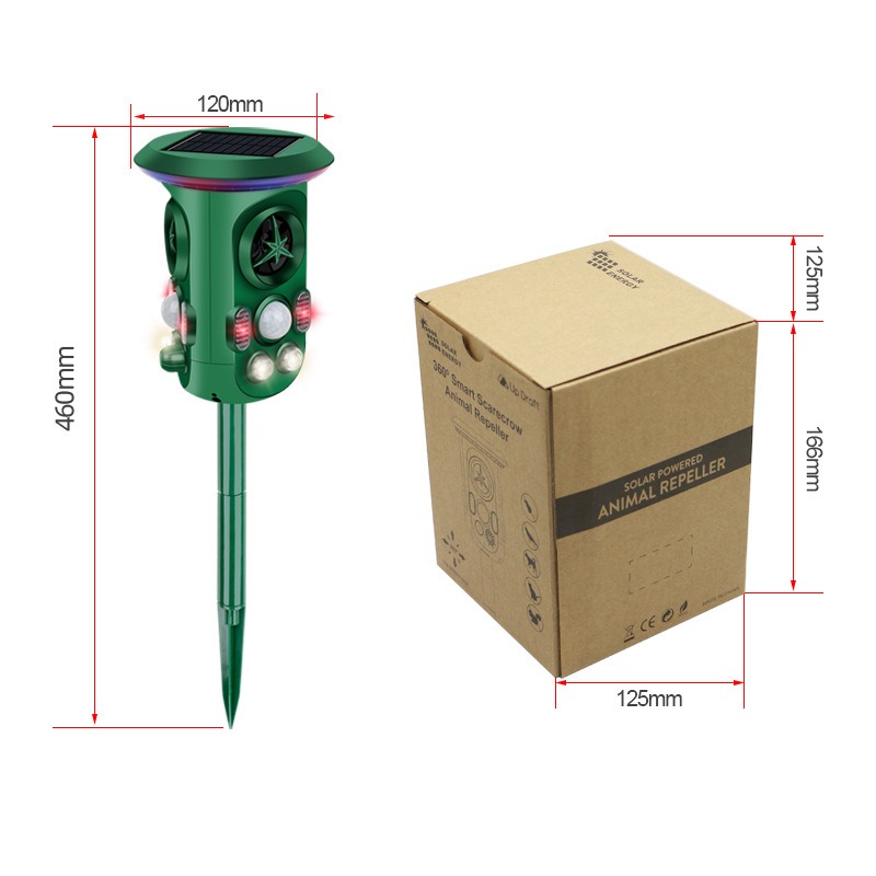 Green repeller beside its kraft retail box with size markings