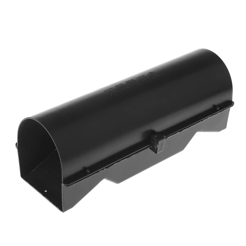 Matte black tunnel bait station photographed from a side angle
