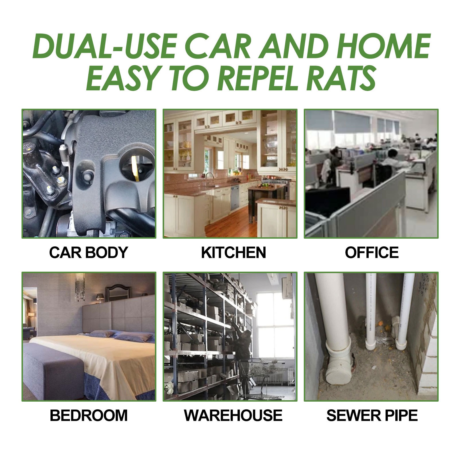 Car body, kitchen, office and bedroom shown as dual-use placement grid