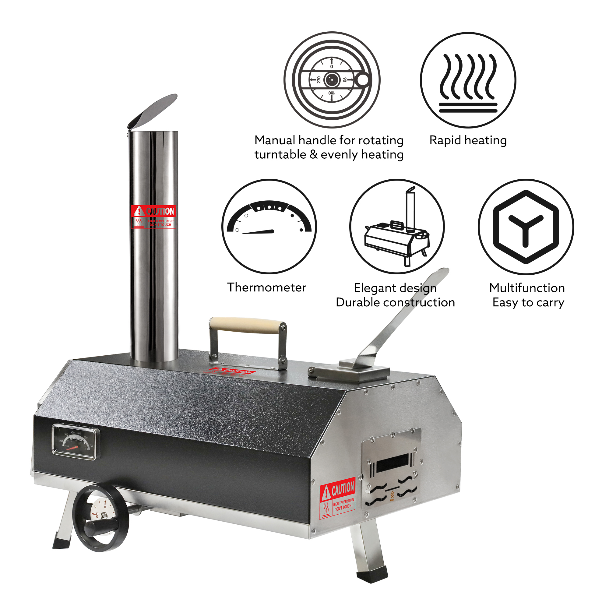 Oven feature callouts for turntable handle, thermometer and easy carry design