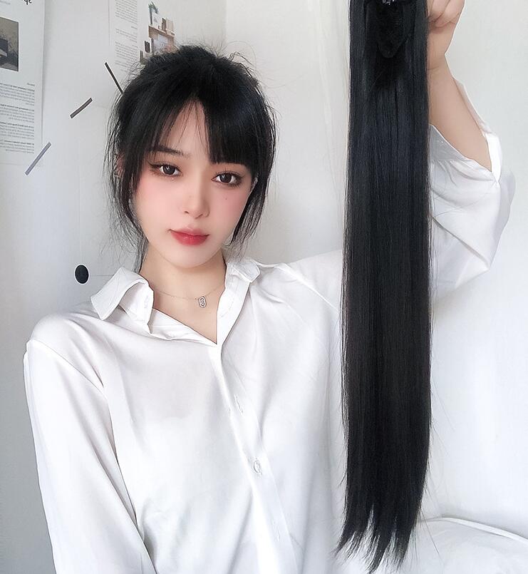 Full-length straight black ponytail hairpiece