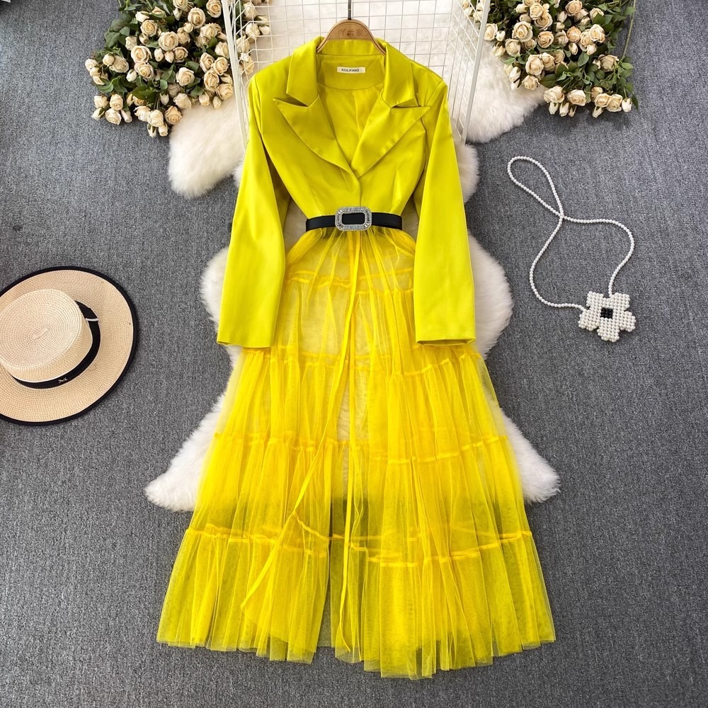 French design suit patchwork mesh dress summer new Hepburn style