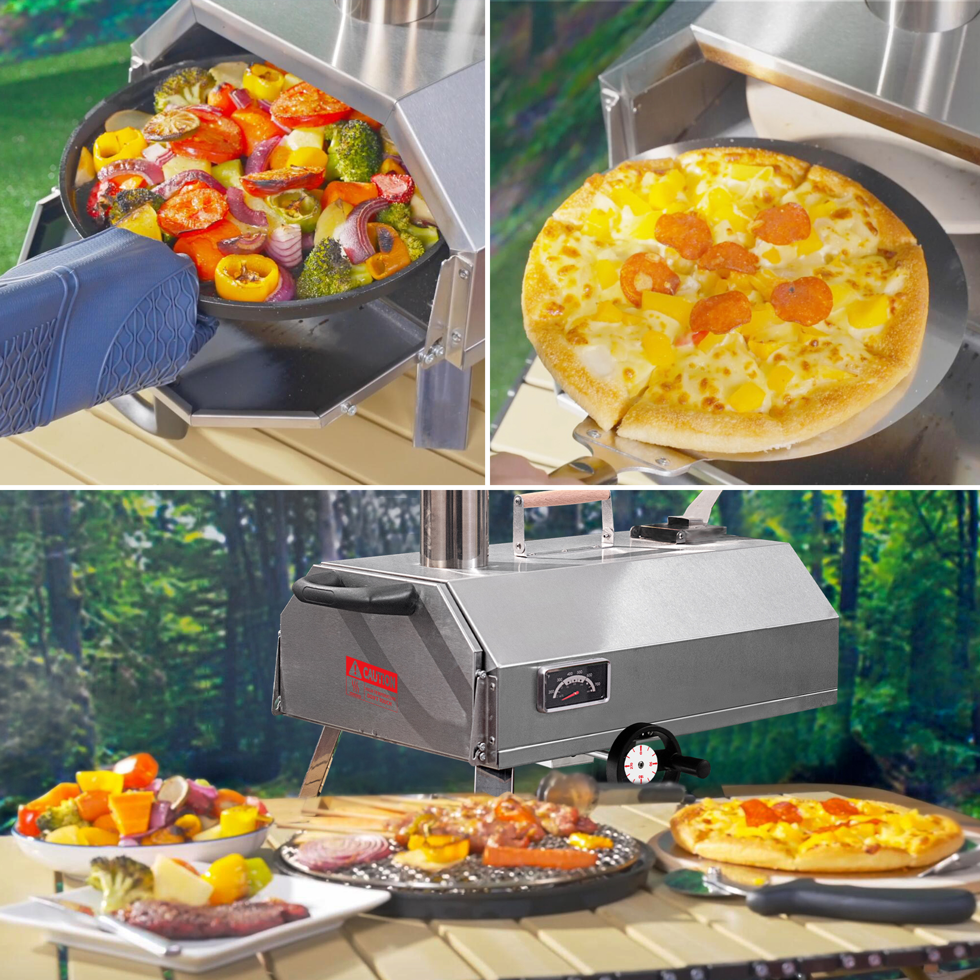 Pizza oven with turntable and front gauge set up for a cookout