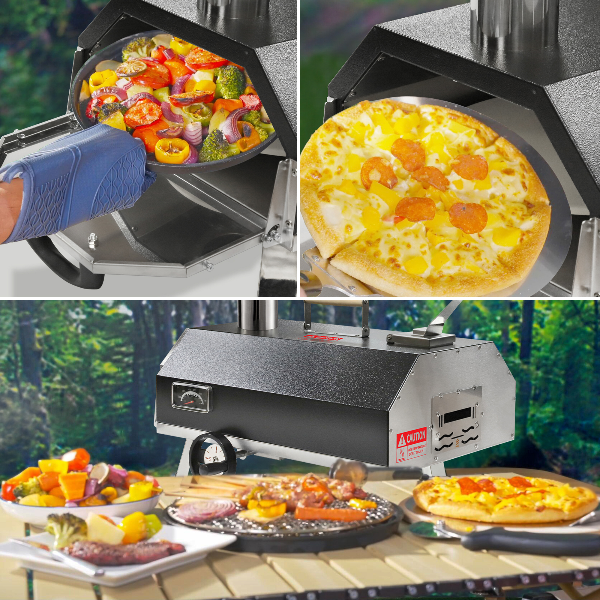Vegetables, pizza and grilled meats prepared for an outdoor cookout