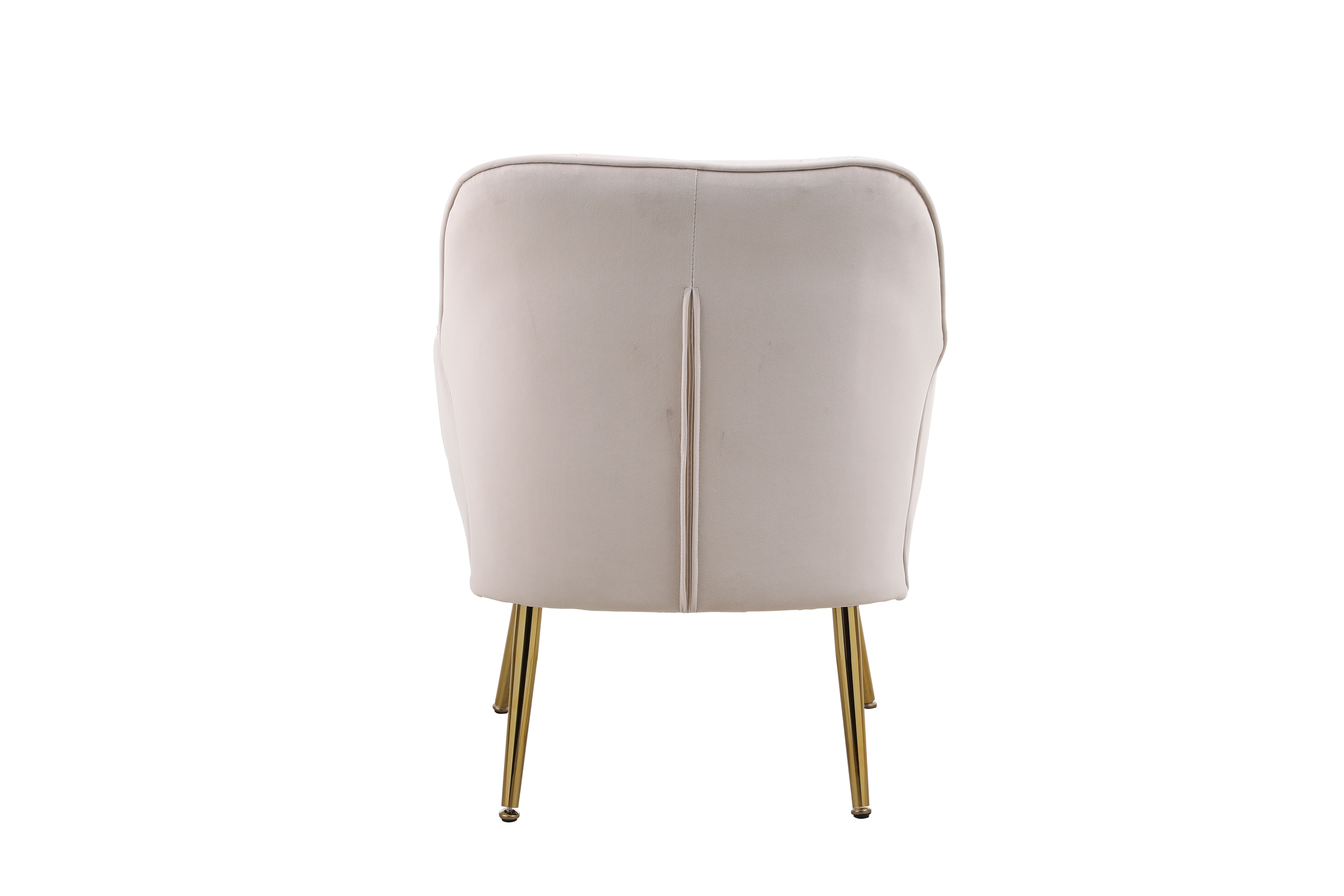 Rear view of beige velvet armchair with zipper seam and gold legs