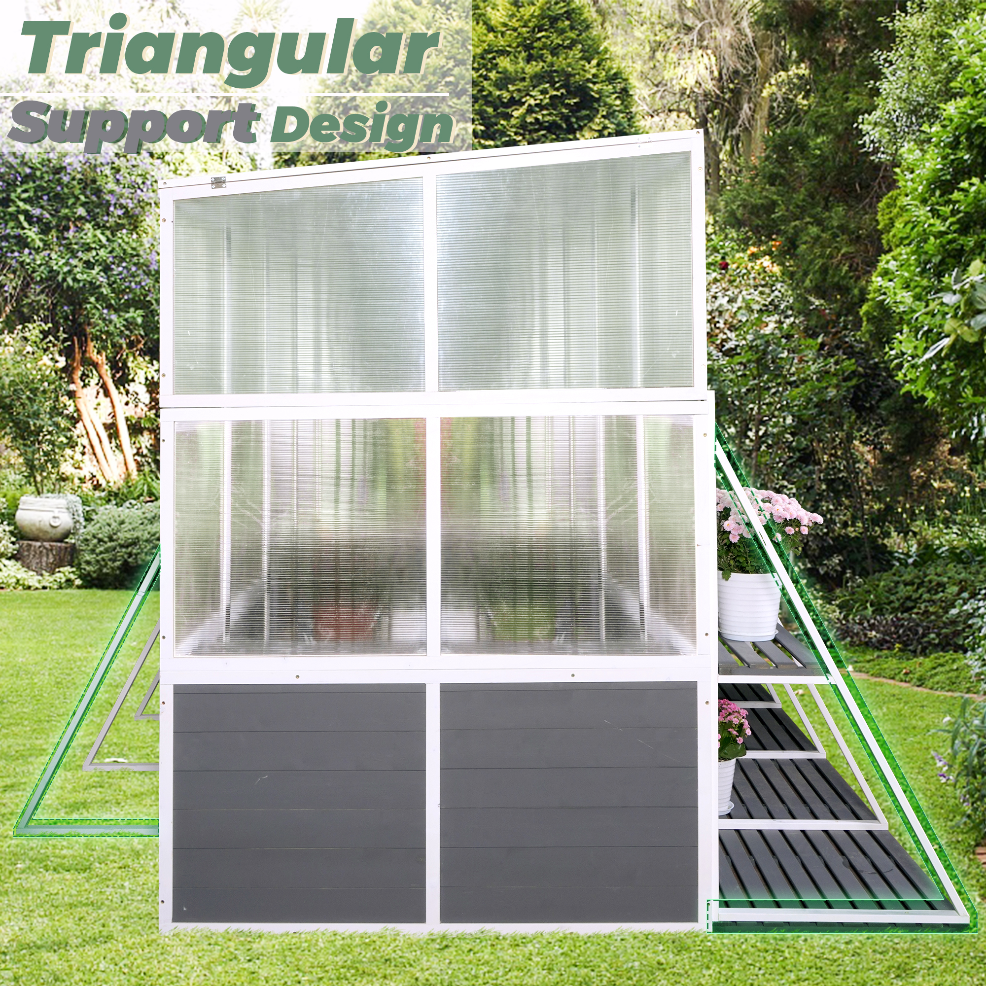 Lean-to greenhouse frame with white beams and clear ribbed panels
