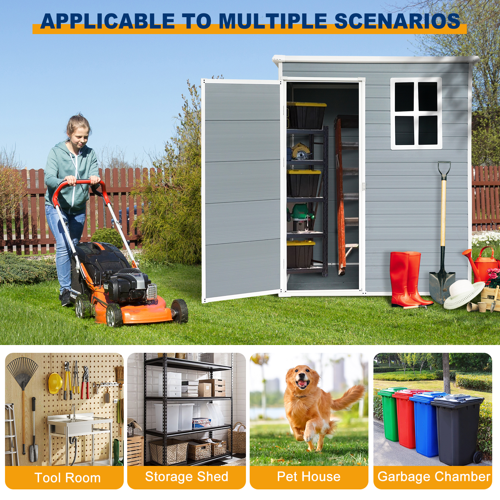 Resin storage shed with white frame and lockable door in daylight