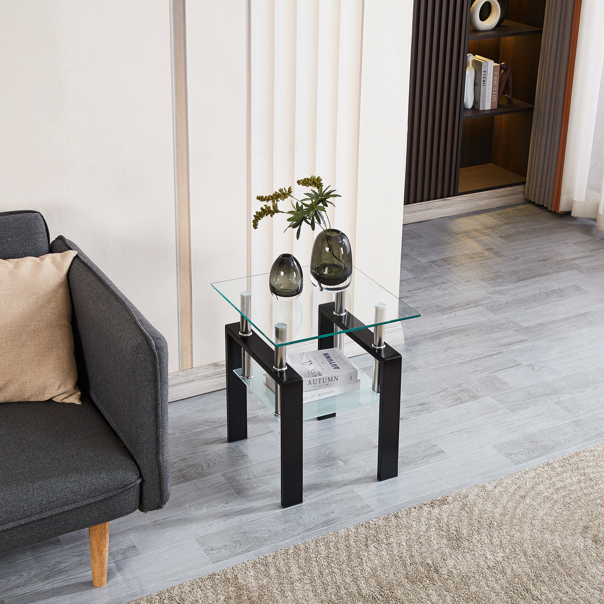 Tempered Transparent Glass End Table 2-Layers Small Table with Storage ...