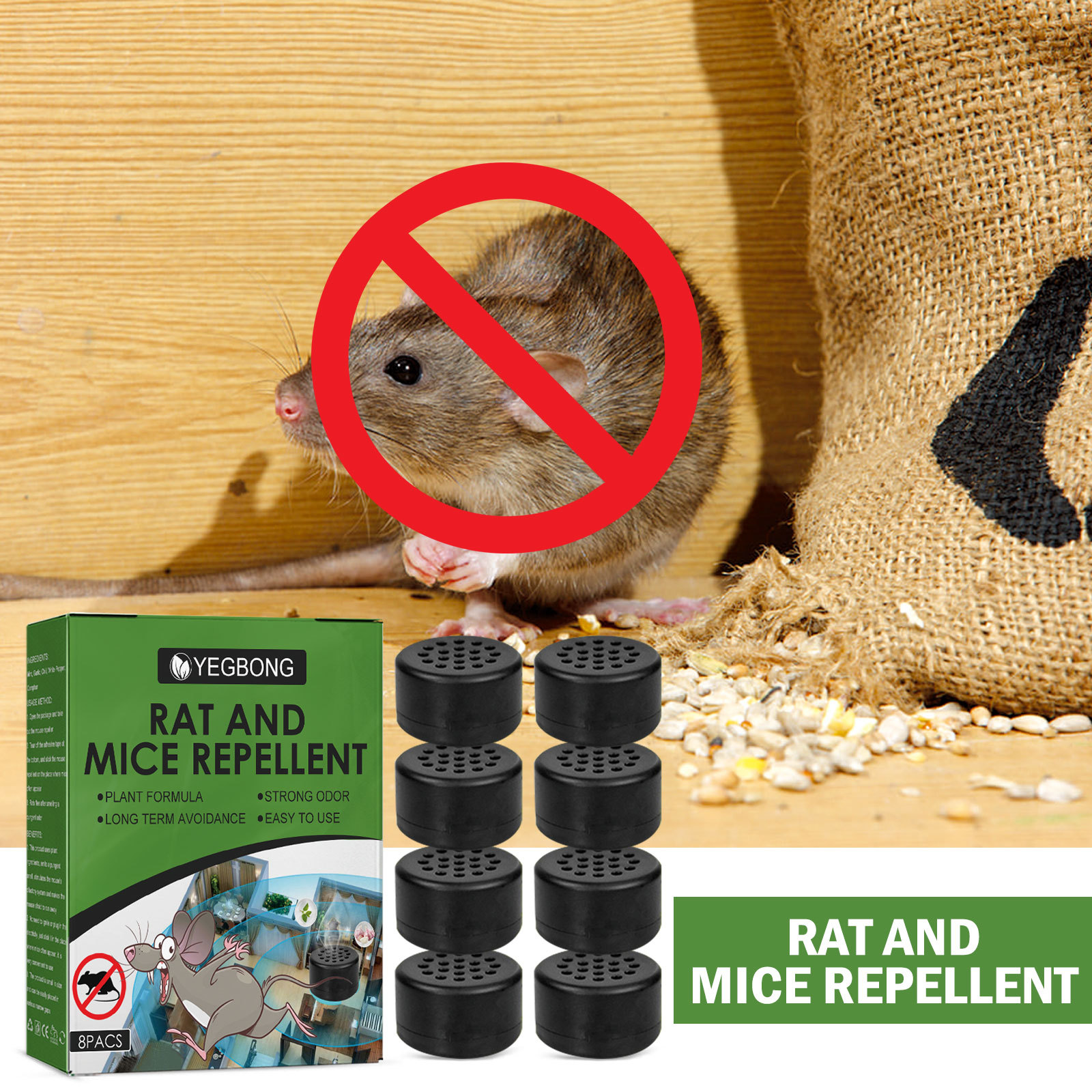 Eight black repellent pills set beside the green box and a rat