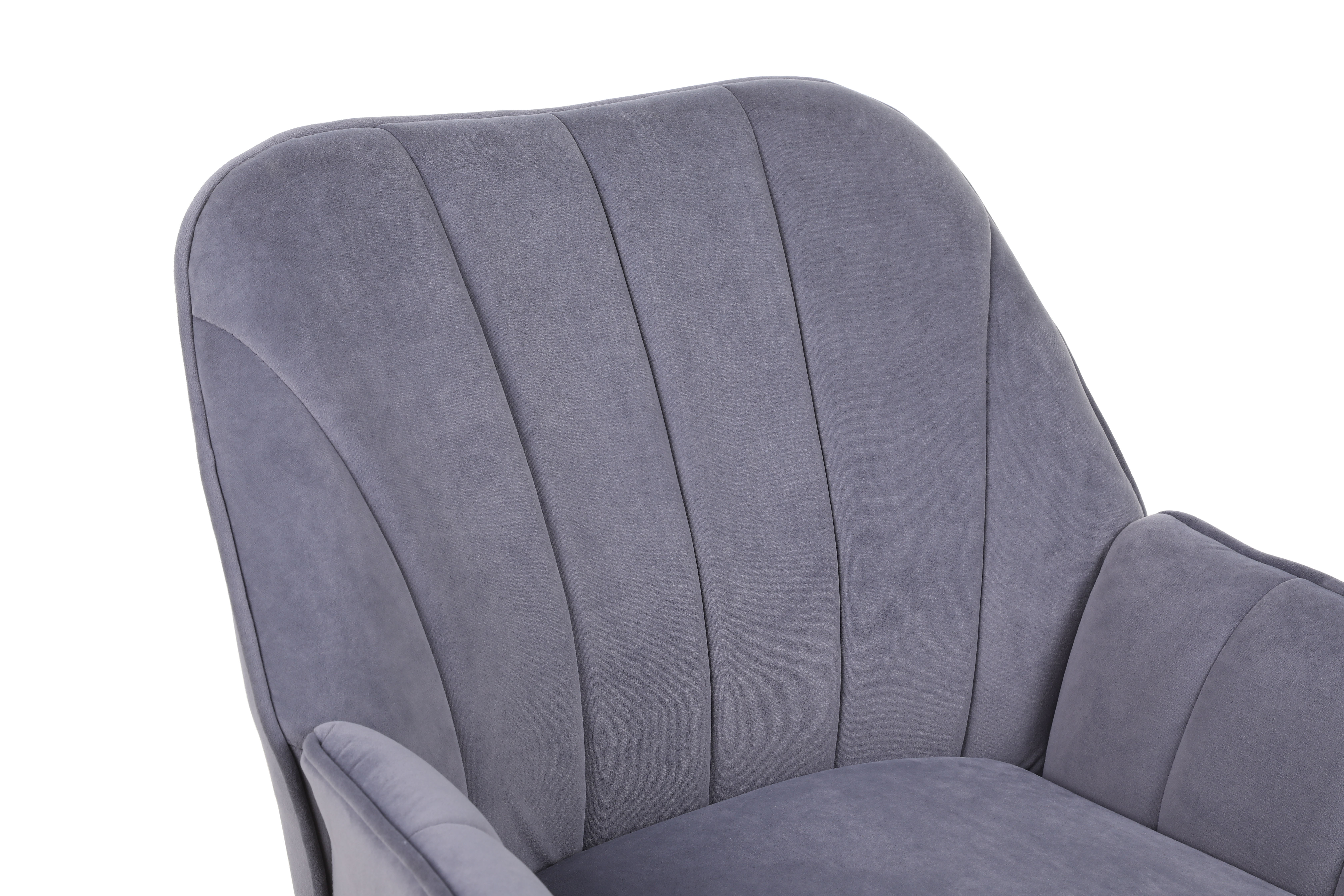 Close-up of channel-tufted grey velvet back and armrest