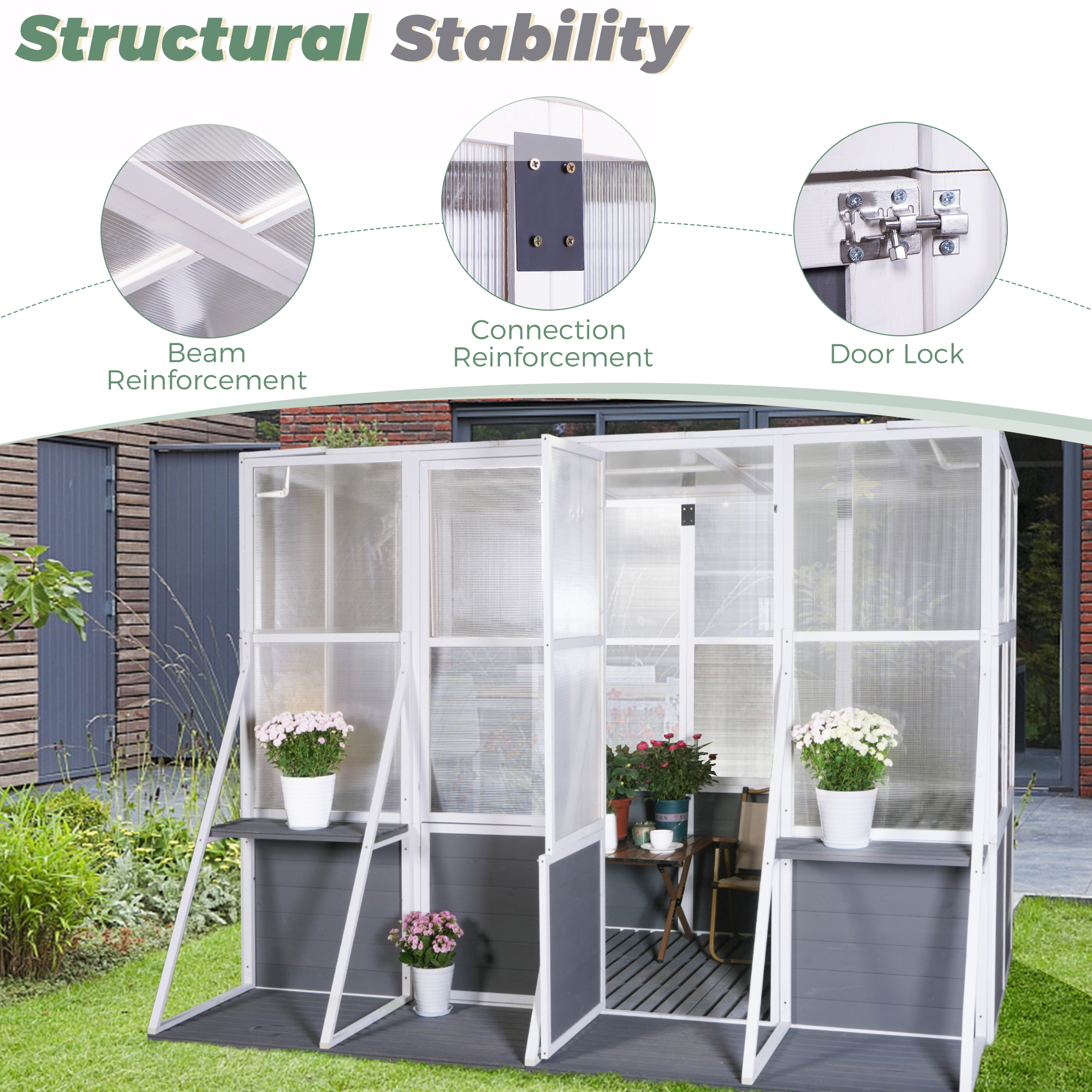 Lockable greenhouse door with hardware and reinforced corner joints