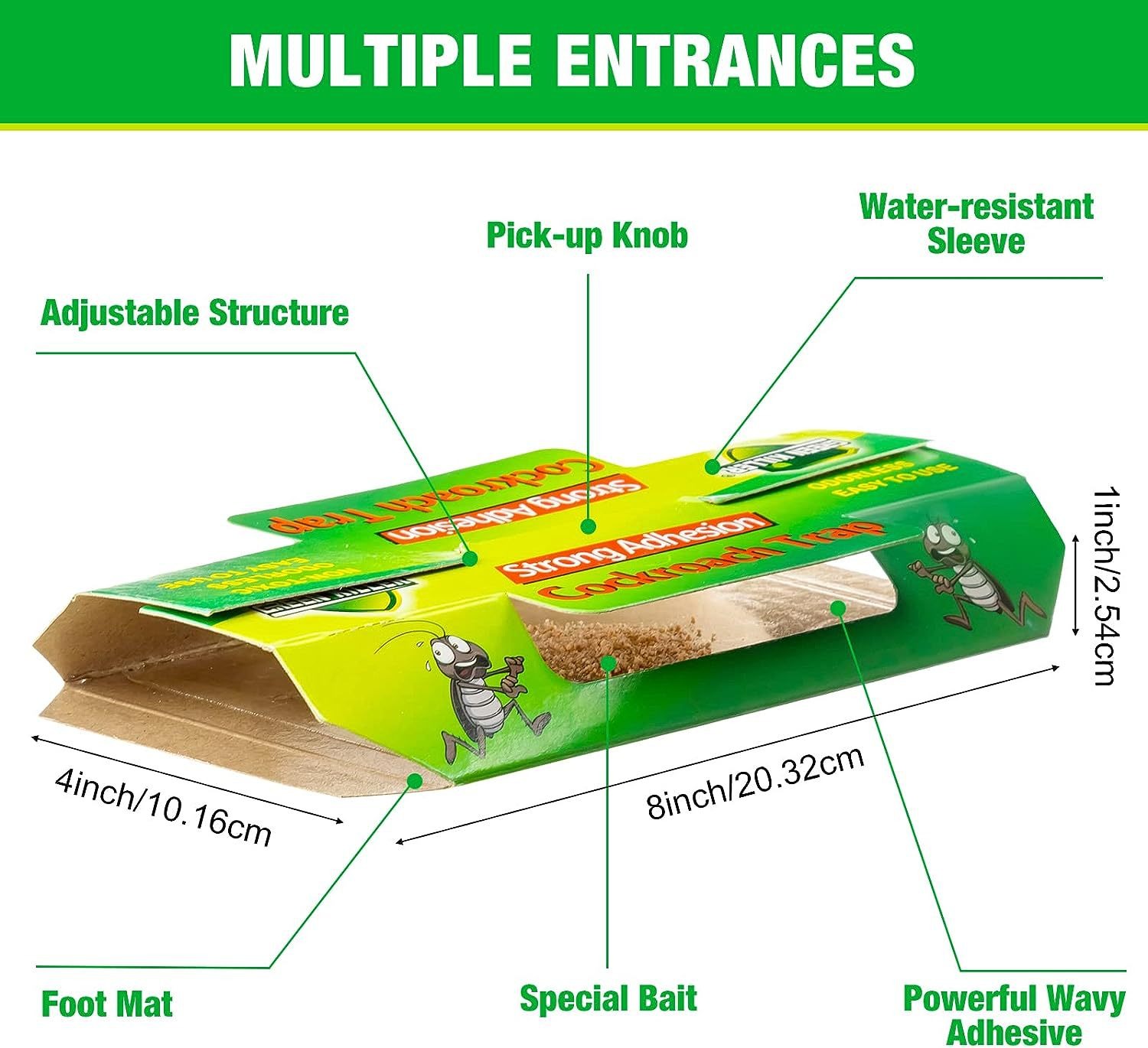 Diagram of trap entrances, pick-up knob and foot mat on a cardboard trap
