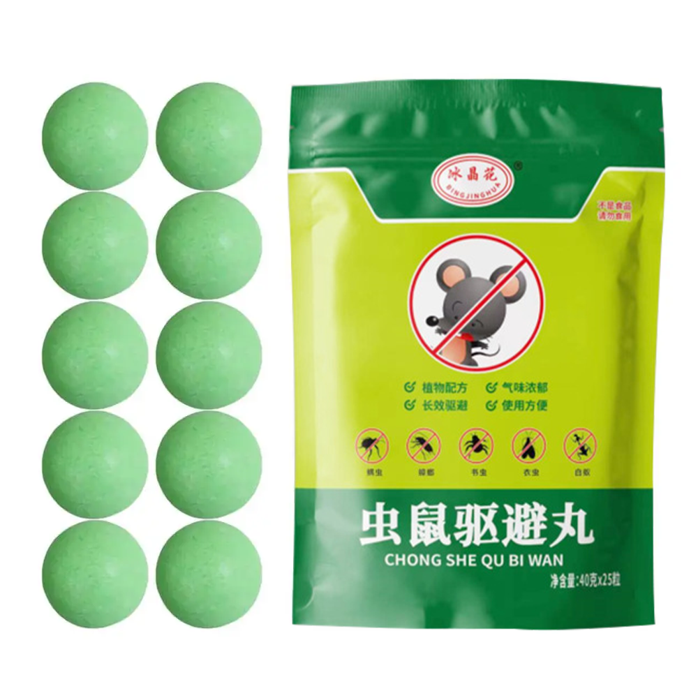 Green repellent balls set out in a home setting for the first time