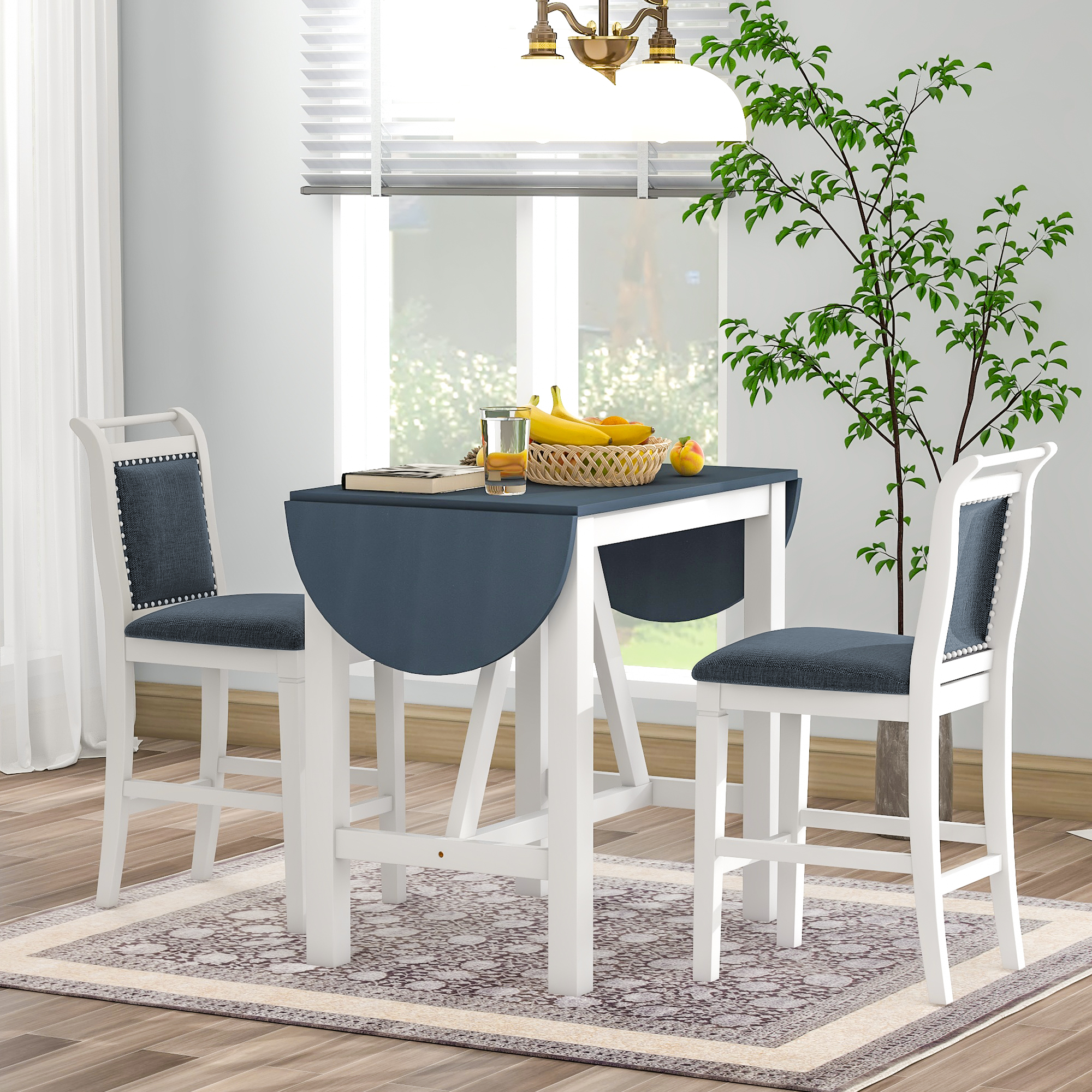 Dining Table Set with 2 Upholstered Dining Chairs 3-Piece Wood Counter Height D