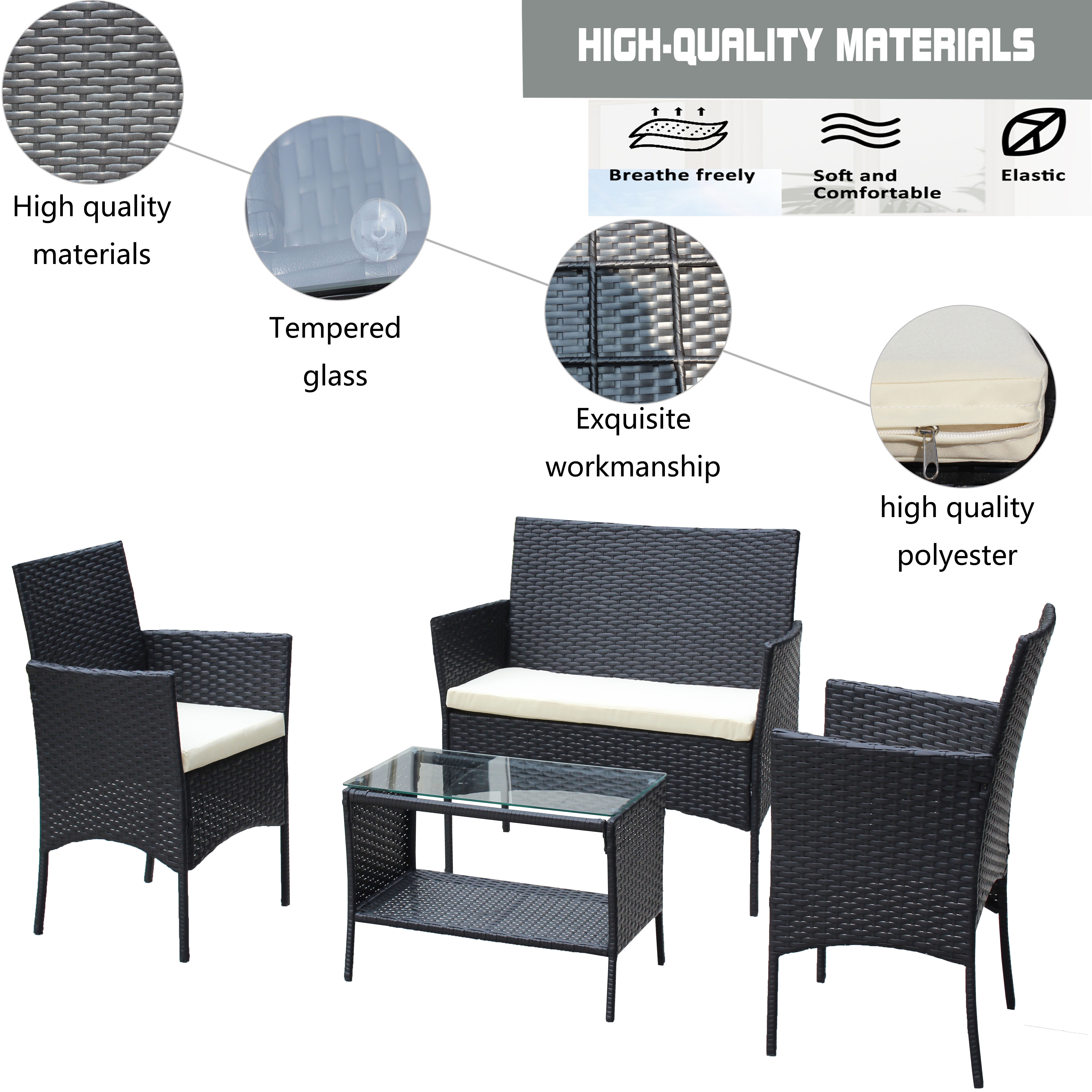 Four-piece rattan set with loveseat, armchairs and glass table